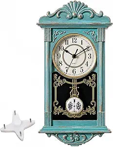 Clockswise Vintage Grandfather-Style Wall Clock with Wood-Effect Plastic Pendulum, Battery-Operated - for Home Decor, Living Room, Home Office, Kitchen or Dining Room (Blue)