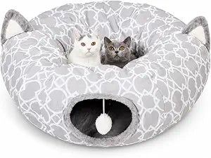 Geometric Cat Tunnel Bed Under Christmas Tree Oxford Outside with Plush Inside,Cats Toys Collapsible Tunnel Tube with Balls, for Rabbits, Kittens, Ferrets,Puppy 3FT