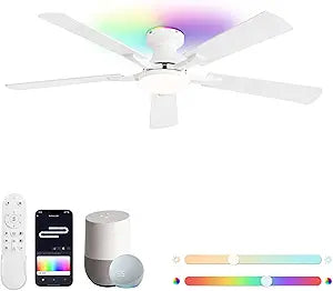 ZMISHIBO 52 Inch Ceiling Fan with RGB Lights, Low Profile Flush Mount with Alexa/App/Remote, Dimmable 20W LED Light, White Modern for Living Room, Bedroom, Game Room