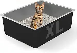 Stainless Steel Cat Litter Box - XL Metal High Sided Cat Pan Tray, Easy to Clean Non Stick Odorless Large Pet Toilet Supplies for Big Cats Kitty Kitten, 23.6 x15.75 x6 Inch, Black