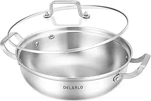 Delarlo Tri-Ply Stainless Steel 13 inch Everyday Pan with Glass Lid, Deep Saute Pan, High Side Kitchen Cooking Pot, Chef's Pans, Induction Deep Frying Pan, 5QT Stock Pot, Up to 550