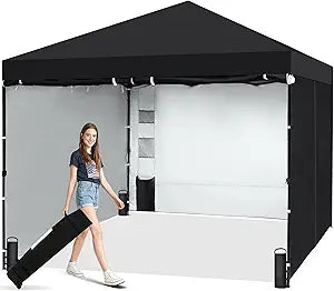 GAFETE 10X10 Comercial Instant Pop Up Canopy Tent with 4 Sidewalls, One Push Setup Center Lock, Portable Sun Shade Shelter for Beach Patio Outdoor Events, Case, 8 Stakes, 4 Ropes, 4 Sandbags (Black)