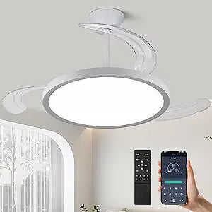 42 inch Retractable Ceiling Fan with Lights,6 Speed Dimmable Silent Fan,Modern Ceiling Fan with Light Remote Control for Bedroom Living Room Kitchen (White)