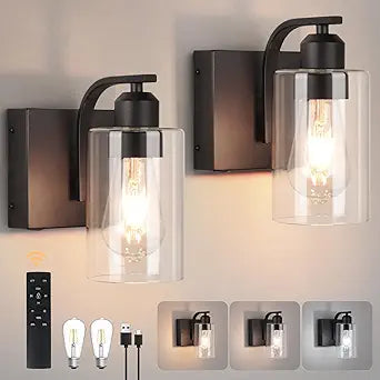 BELS 8 Inch Battery Operated Wall Sconces Set of 2, Farmhouse Wall Lights Fixture with Clear Glass, 4000K, Remote Control, Dimmable, Black Wall Sconces for Mirror, Bathroom, Bedroom
