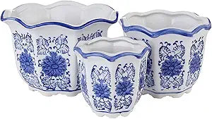 HakkaGirl Ceramic Pots for Plants, Chinoiserie Dcor Ceramic Flower Pots Planters for Indoor Plants with Drainage, Blue and White, Set of 3