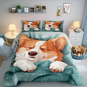 Manfei Lovely Corgi Kids Comforter Set Twin Size,Cartoon Dog Puppy Bedding Set,Boys Girls Room Decor,Hairy Cute Animal Down Comforter,Cyan Cartoon Duvet Insert,1 Pillowcase