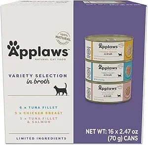 Applaws Fish & Chicken Variety Pack Wet Cat Food in Broth 16-Pack, High Protein, Limited Ingredient, Grain Free, Quality Canned Cat Food, No Fillers or Artificial Additives (16 x 2.47 oz Cans)
