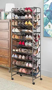 Whitmor 10 Tier Double-Sided Shoe Cart with Lockable Wheels, Gunmetal Rolling Shoe Organizer with Patented Mesh Back, Freestanding Storage for Garage, Bedroom, or Closet, 17" W24.6" L63.78" H