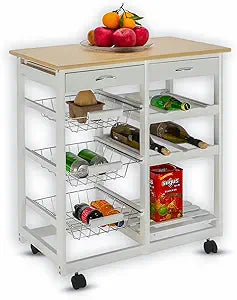 HYGRAD BUILT TO SURVIVE Kitchen Island Cart with Drawers, Lockable Wheels - Rolling Serving Utility Trolley - Mobile Countertop Open Shelf Storage Cabinet Basket for Dining Room, Coffee Bar (White)