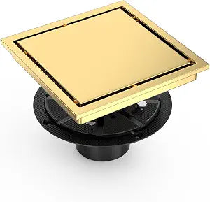 Iriber 6 Inch Tile Insert Shower Floor Drain with PVC Shower Base and Hair Strainer, SUS 304 Stainless Steel, Brushed Gold