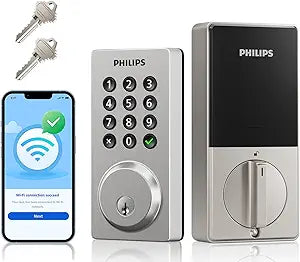 Philips WiFi Smart Keypad Deadbolt Lock, App Remote Control, No Hub Required, Support Alexa & Google Assistant, Keyless Entry Door Lock with Auto Lock, Digital Smart Locks for Front Door, Satin Nickel