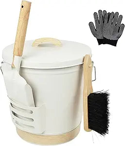Cream White Fireplace Ash Bucket with Lid, Shovel, Brush and Gloves, 5.2 Gallon Metal Pail for Fire Pit, Wood Stove, Grill and Farmhouse Hearth
