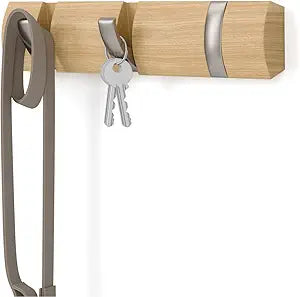 Umbra Flip Wall-Mounted Coat Rack with 3 Hooks  Modern, Space-Saving Storage for Hats, Jackets, Bags, Entryway, Mudroom, Closet, Bathroom, Bedroom  Natural/Nickel