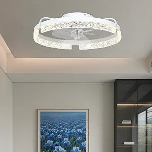 20" Modern LED Ceiling Fan with Lights and Remote, Low Profile Dimmable Acrylic Ceiling Fan Flush Mount Bladeless Chandelier Fan Stepless Color Temperature Change and 6 Speeds (White)