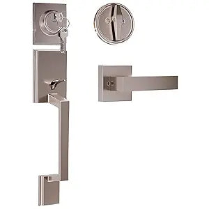 Front Door Lock Set  Zinc Alloy Body with MultiLayer Plating, Satin Nickel  Front Door Handle and Deadbolt Set with Adjustable Latch, Smooth, Quiet Turn, Reversible Left/Right, Rust-Resistant