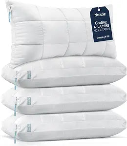 Nuzzle Pillows Queen Size Set of 4 Adjustable Firm Pillows, Luxury Hotel Collection Bed Pillows  Best Adjust Height Soft Cooling Pillows for Back, Stomach and Side Sleepers