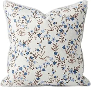 Jillien Harbor The Lily Floral Block Print Pillow Cover  Soft Blue and White Decorative Throw Pillow Cover  Grandmillennial Home Decor, 20" x 20"