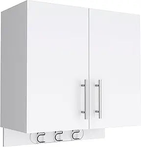 Tuhome Kymo Wall Storage Cabinet with Double Doors, Internal Shelving and Integrated Broom Hangers, Space-Saving Wall-Mounted Utility Organizer for Cleaning Supplies with Modern Design