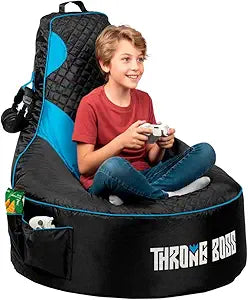 Throne Boss Gaming Bean Bag Chair Cover for Kids with High Back, Blue  Gamer Chair for Kids with 2 x Large Side Pockets, Headphone Hanger, Easy to Clean Fabric, Requires 200 Liters Polystyrene Beans