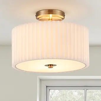 VONLUCE 12.2" Semi Flush Mount Ceiling Light, 2-Light Modern Ceiling Lights with Pleated White Shade, E26 Bulb Compatible, Ideal Light for Bedroom, Living Room, Nursery, Hallway, Bronze Finish