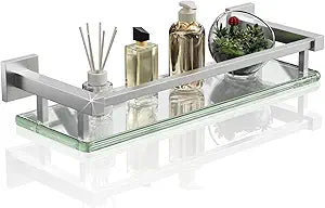 Alise Bathroom Glass Shelf with Stainless Steel Railing, Brushed Nickel Small Tempered Glass Floating Wall Shelf Over The Toilet, 16 inch