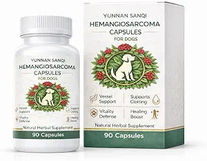 Yunnan Sanqi Capsules for Dogs - Pure Herbal Quick Stop Bleeding & Blood Support for Hemangiosarcoma, Hemoabdomen, Pericardial Effusion, Severe Bruising, Ulcer-Related Bleeding, 90 Capsules