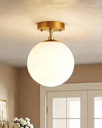 Majade Semi Flush Mount Ceiling Light 6" Globe Mid Century Modern Light Fixture Milk Glass with Gold Brass Finish Light Fixtures for Hallway Entryway Kitchen Island Closet Laundry Bathroom