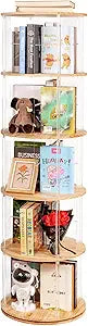 TAKEKIT 360 Rotating Bookshelf, 5-Tier Spinning Book Shelf Tower with Solid Wood & Clear Acrylic, Round Revolving Bookcase for Living Room, Bedroom and Office