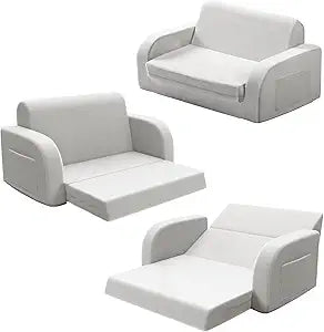 3-in-1 Extra Wide Convertible Kids Couch, Flip Open Toddler Couch to Lounger, Comfy Toddler Chair, Machine-Washable Kids Sofa for Girls, Kid Sofa Bed for Fun Playtime or Comfy Lounging, Gray