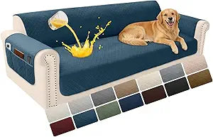 Velvet 100% Waterproof Couch Cover for Dogs Washable Sofa Covers for 3 Cushion Couch Pet Friendly Oversized Sofa Slipcovers Non Slip Furniture Protector with Pockets (XX-Large, Dark Blue)