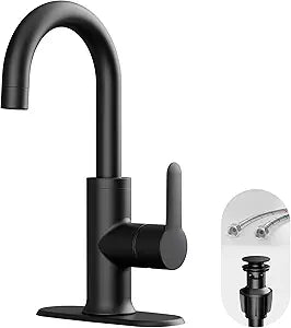 VXV Black Bathroom faucets Single Handle 360 Swivel Gooseneck Spout Optional Deckplate Bar Sink Faucet with Pop-up Drain and Hoses Matte Black
