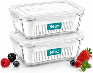 2 Pack 56oz Glass Berry Container for Fridge,with Removable Colander and Vent Valve, Fresh ProduceStorage SetWhite