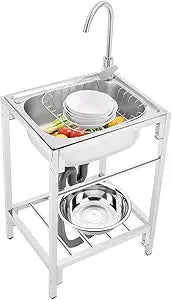 Stainless Steel Freestanding Single Bowl Basin Sink Utility Sink with Hot Cold Faucet & Storage Shelf, Commercial Hand Wash Sink for Laundry Room, Kitchen, Garage, Restaurant & Backyard
