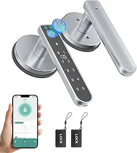 Fingerprint Door Lock, Finger Print Door Knobs Thumbprint Door Knob with App Control/Fingerprints/IC Cards/Codes/Keys, Smart Lock for Bedroom Home Apartment Grey