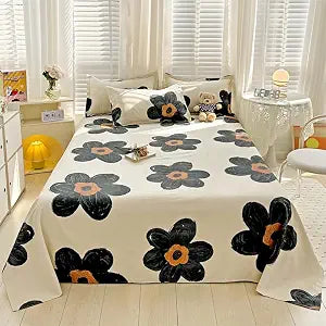 CLOTHKNOW 4Pieces Black Sunflower Sheet Set Full Size Floral Bedding Sheet Sets Boho Fitted Sheet Black Beige Flat Sheet Botanical Sheet Sets Full with 2 x Pillow Cases