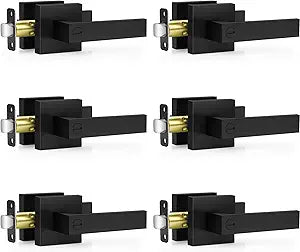 Plustool 6 Pack Matte Black Door Handles Interior, Keyless Interior Door Knobs, Privacy Door Locks for Bedroom Bathroom, Heavy Duty Square Door Lever Locksets, Reversible for Left&Right Handled Doors