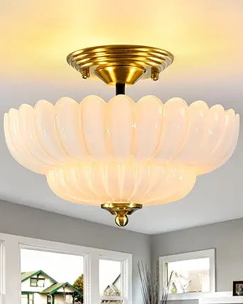 3-Light Corridor Fixture Semi-Recessed Ceiling Light White Glass Modern Lighting Suitable for Bedroom, Kitchen, Entryway, Bathroom Ceiling Installation