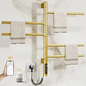 ENZE Smart Rotating Heated Towel Rack for Bathroom, 5-Bar Wall-Mounted Electric Towel Warmer with Swivel Bars, Wi-Fi App Control, 24H Timer, Stainless Steel, IPX5, Hardwired/Plug-in, Gold