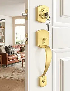 Tinewa Camelot Brushed Gold Front Door Handle and Deadbolt Set, Front Door Lock Set, Satin Brass Finish, Upgated Entry Door Handle with Accent Wave Door Lever with Reversible Handle Lever, 1 Pack