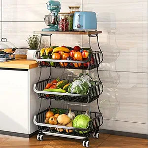 Fruit Vegetable Basket for Kitchen, 4 Tier Stackable Fruit Vegetable Storage Baskets with Lockable Wheels, Metal Wire Storage Basket Organizer Baskets for Kitchen, Pantry, Bathroom