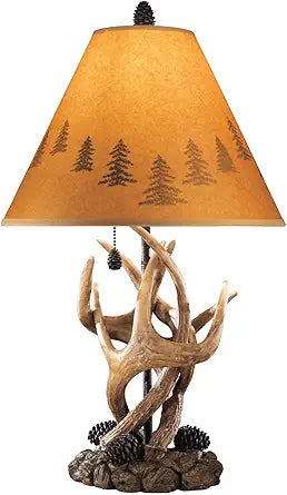 Signature Design by Ashley Derek Rustic Cabin Antler Lamp Set, 2 Count, Paper Silhouette Shade, Pull Chain Switch, 13.88" W x 13.88" D x 23.75" H, Brown