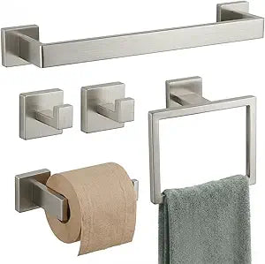 Brushed Nickel Bathroom Hardware Set, 5-Piece SUS304 Stainless Steel Towel Rack, 23.6 Inch Towel Bar with Hand Towel Ring, Toilet Paper Holder, Robe Hooks, Heavy Duty Square Wall Mount