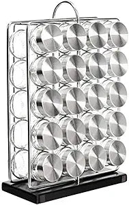 Amazon Basics 20 Jars Spice Rack Organizer, Space-Saving Kitchen Organizer with Glass Spice Jars, Sturdy, Silver