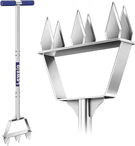 Manual Lawn Aerator Spike Tool, Semi-Assembled, Non-Clogging Spike Aerator with 6 Steel Spikes, Ergonomic Handle & Reinforced Welding for Yard Grass Aeration - Blue