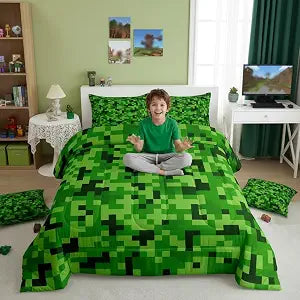 Castle Fairy Green Pixel Grid Bedding Set Queen Size,Gamer Comforter Set for Kids Boys Teens Miners Room Decor,Video Games Quilt Comforters Modern Geometric Check Duvet Insert,2 Pillowcases