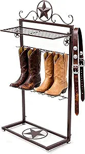 Novabright Western Boot Rack for 4 Pairs, Metal Star Freestanding Cowboy Boot Rack Vertical Organizer Storage Rustic Western Tall Boots Organizer Shelf for Tall Boots Hats Belts and Accessories