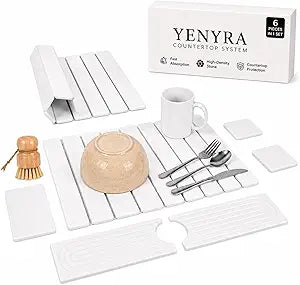 6-Pack Large Stone Dish Drying Mat for Kitchen Counter 23x15 - Quick-Dry Absorbent Diatomaceous Earth Mat Set - Stone Faucet Mat 4"x23" + 3 Stone Trays 4"x8", 4"x4"+ Bamboo Palm Brush (White)