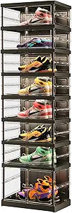 EHAMILY 8 Tiers 8-16 Pairs Foldable Shoe Boxes Small Plastic Shoe Storage Rack Collapsible Shoe Organizer for Closet Shoe Shelf Clear Stackable Quick Assembly Storage Cabinet with Doors Black