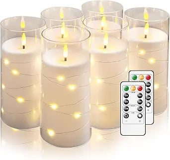 Flickering Flameless Candles with Remote Timer, 6pcs LED Battery Operated Candles with Embedded String Lights White, D3 H6