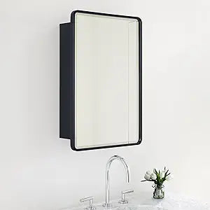 TEHOME Surface Mount 16x24 Black Bathroom Medicine Cabinet with Mirror Matt Black Metal Framed Rounded Rectangle Medicine Cabinet with Beveled Mirror